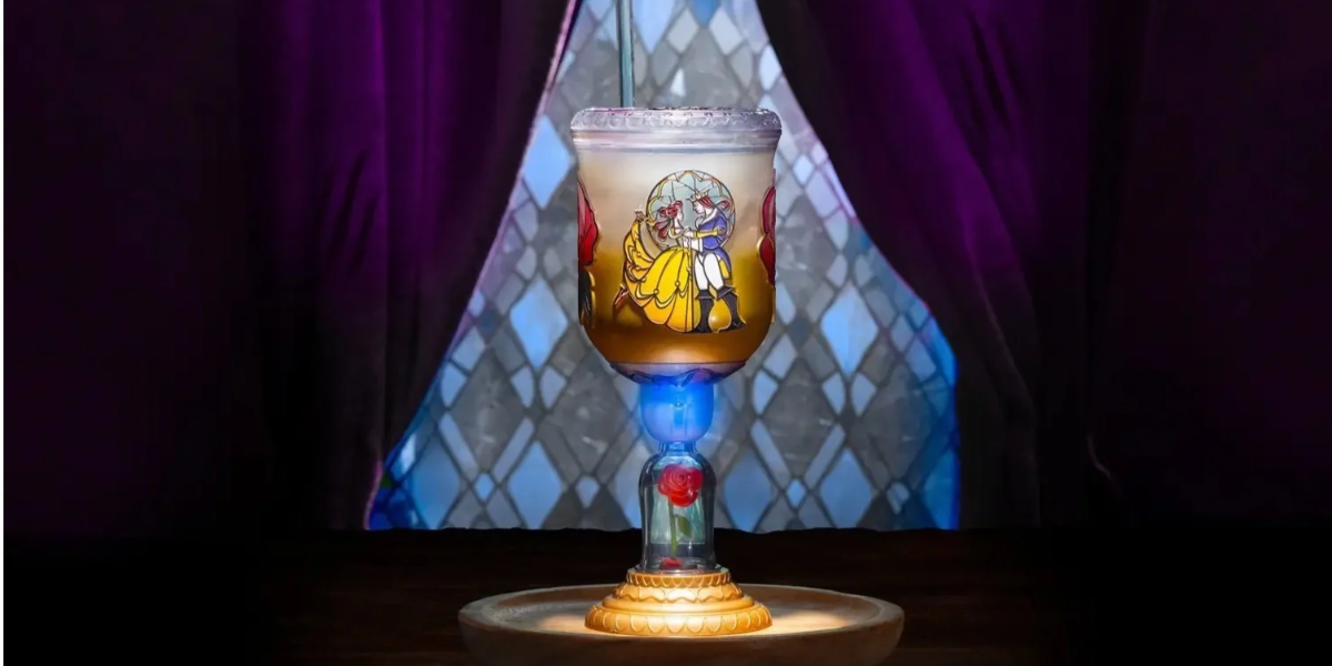 Beauty and the Beast stained-glass goblet with a rose in the stem at Disney World.