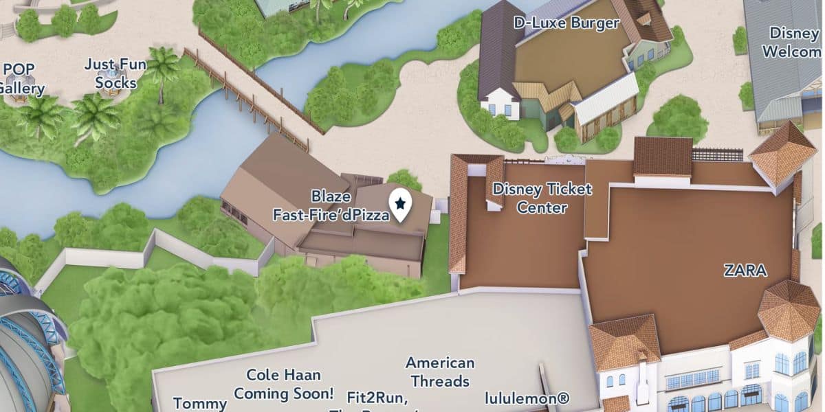 Map of Disney Springs, highlighting the Disney Ticket Center, nearby shops, and Blaze Pizza with menu pricing.