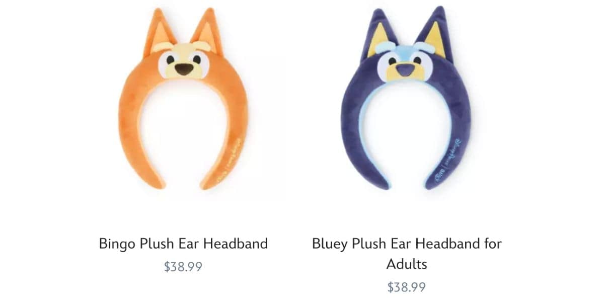 Bingo and Bluey plush ear headbands styled like Disney Parks ear headbands. They cost $38.99.