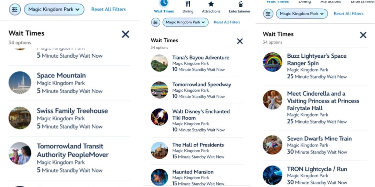 Magic Kingdom app displaying attraction wait times for the 55th Anniversary celebration.