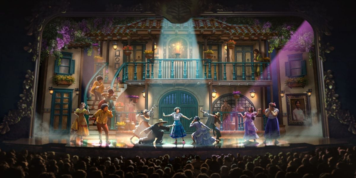 Cast performing an Encanto stage show aboard a Disney Cruise Line ship.