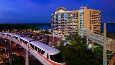 monorail passes Contemporary Resort in Disney World