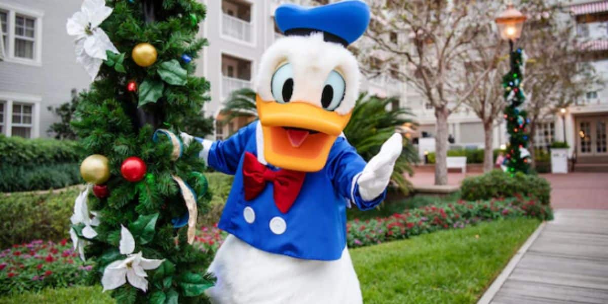 Donald Duck at hotel decorated for the holidays at Disney World