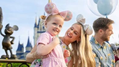 A family wearing Mickey ears in front of Cinderella Castle at Disney World