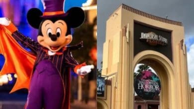 split image. on the left, mickey welcomes guests to disney world for halloween party. on the right, entrance to universal studios florida for halloween horror nights