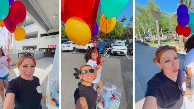 Screenshots from the video of the baker delivering cake and balloons to the Disneyland Hotel.