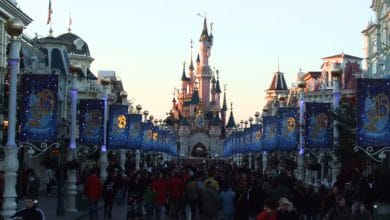 Sleeping Beauty Castle and Main Street, USA, decked out for the Disneyland Paris 15th Anniversary celebration.