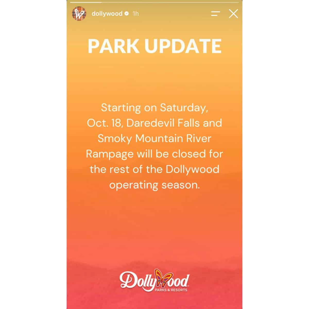 Dollywood park update: Daredevil Falls and Smoky Mountain River Rampage conclude their seasonal operations on October 18.