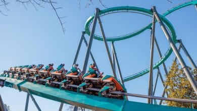 Goliath roller coaster at Six Flags Over Georgia, featuring its towering track and steep hills.