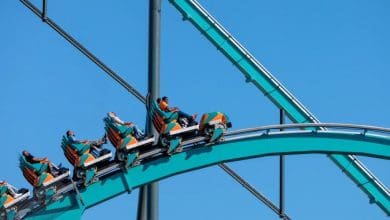 Roller coaster train ascending the teal track at the amusement park.