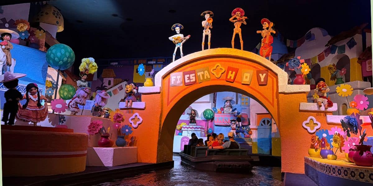 Skeletons and colorful decorations on the Gran Fiesta Tour at EPCOT.