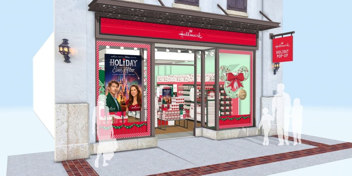 Hallmark Holiday pop-up store displaying a Disney Holiday Ever After movie poster.