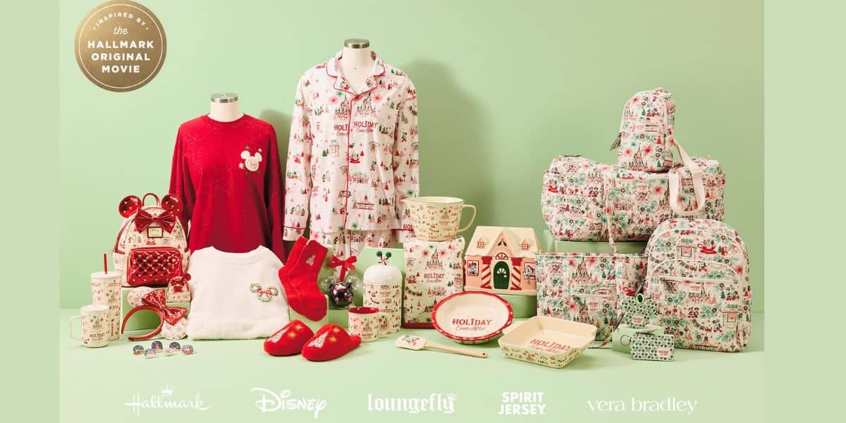 Disney holiday apparel and home goods collection featuring Loungefly, Spirit Jersey, and Vera Bradley at Disney World.