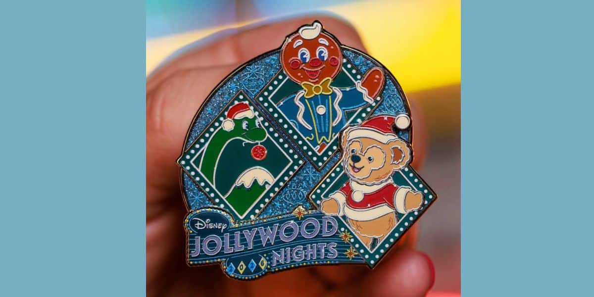 Disney Jollywood Nights enamel pin featuring Ollie the gingerbread man, Gertie the Dinosaur, and Duffy the Bear