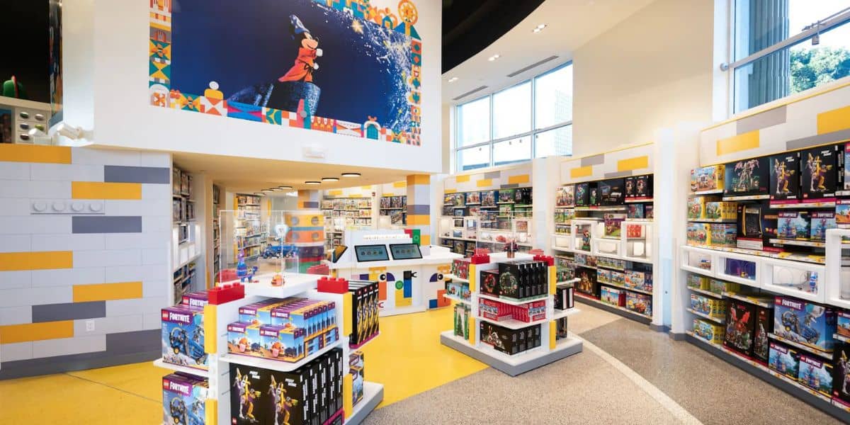 Inside the Lego Store at the Downtown Disney District, featuring product displays and a large Sorcerer Mickey mural.