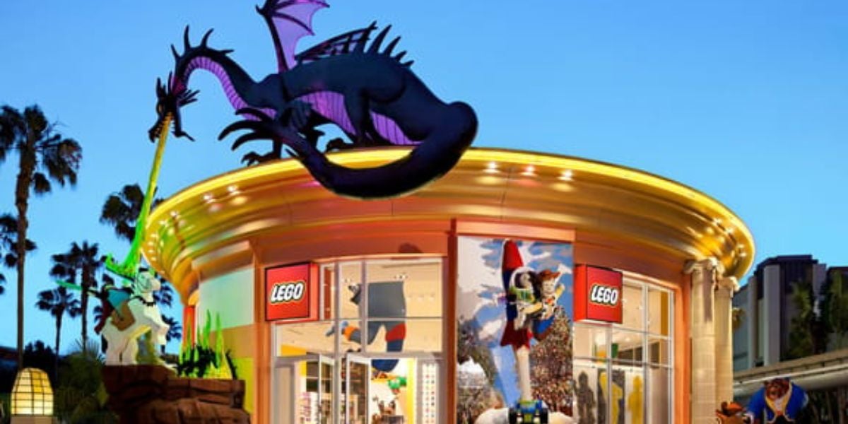 Maleficent dragon statue looming above the LEGO Store at Downtown Disney District.