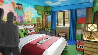 Concept art of a Minecraft-themed hotel room at Chessington World of Adventure