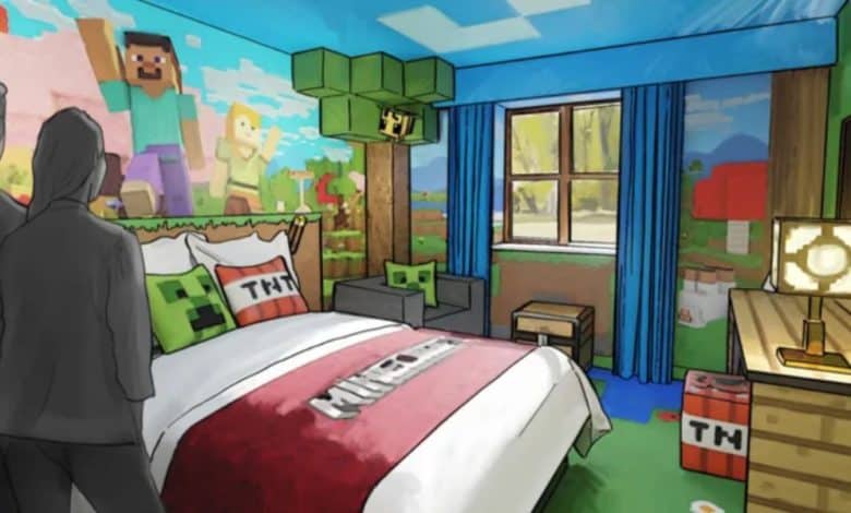 Concept art of a Minecraft-themed hotel room at Chessington World of Adventure