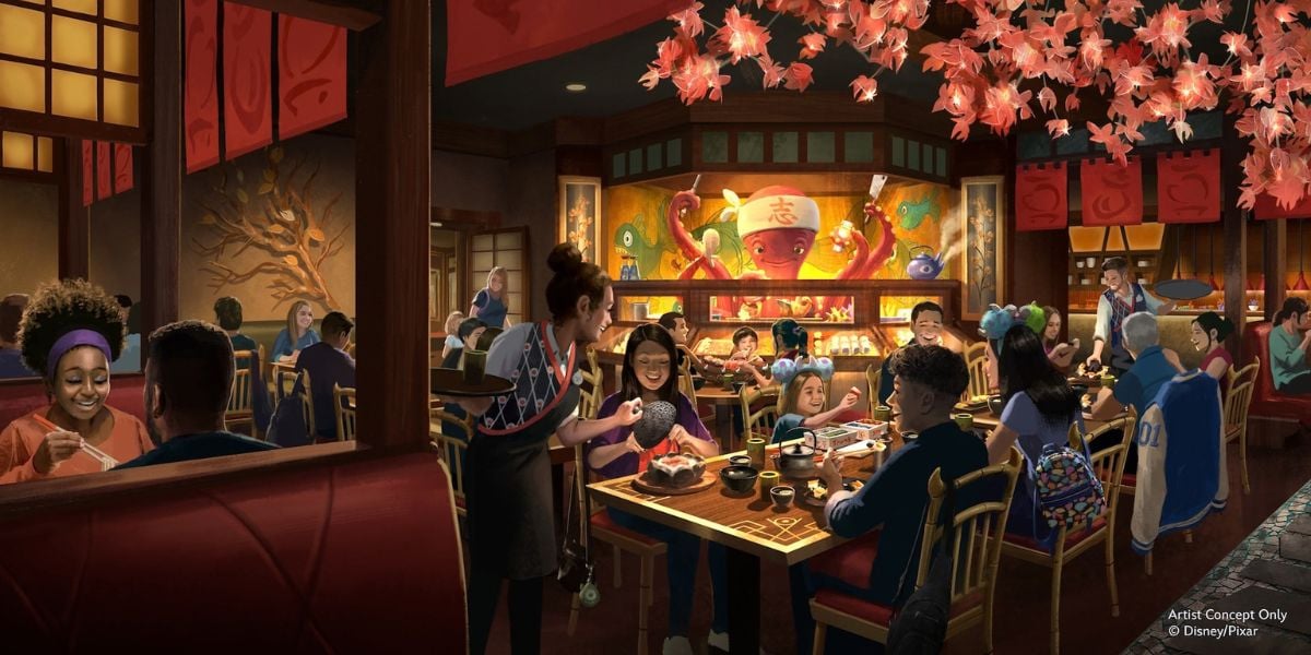Concept art of guests dining at Tiana’s Palace, featuring an Animatronic Sushi Chef.