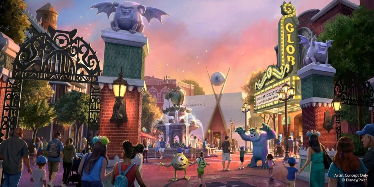 Concept art for the Monstropolis land at Disney’s Hollywood Studios, featuring Mike, Sulley, and an animatronic sushi chef.