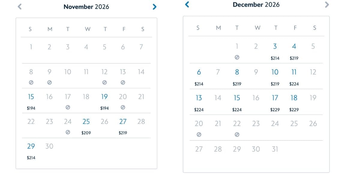 Calendar showing availability for Mickey's Very Merry Christmas Party at Walt Disney World Resort as of Oct 18 2026.