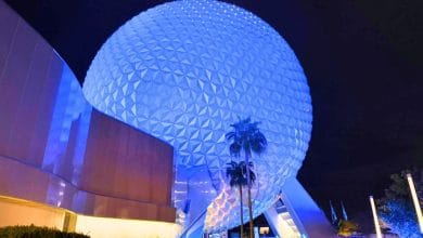 Spaceship Earth glowing blue at night at Disney World's EPCOT park