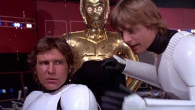 Han Solo, Luke Skywalker, and C-3PO in star wars: a new hope